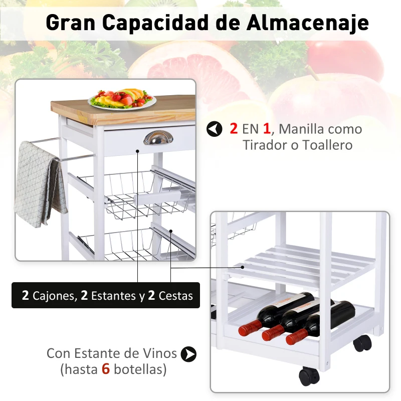 HOMCOM Carrito Auxiliar con Ruedas Carrito Verdulero Carro de Cocina con 2 Cajones 2 Cestas y 2 Estantes 74x37x76 cm Blanco
