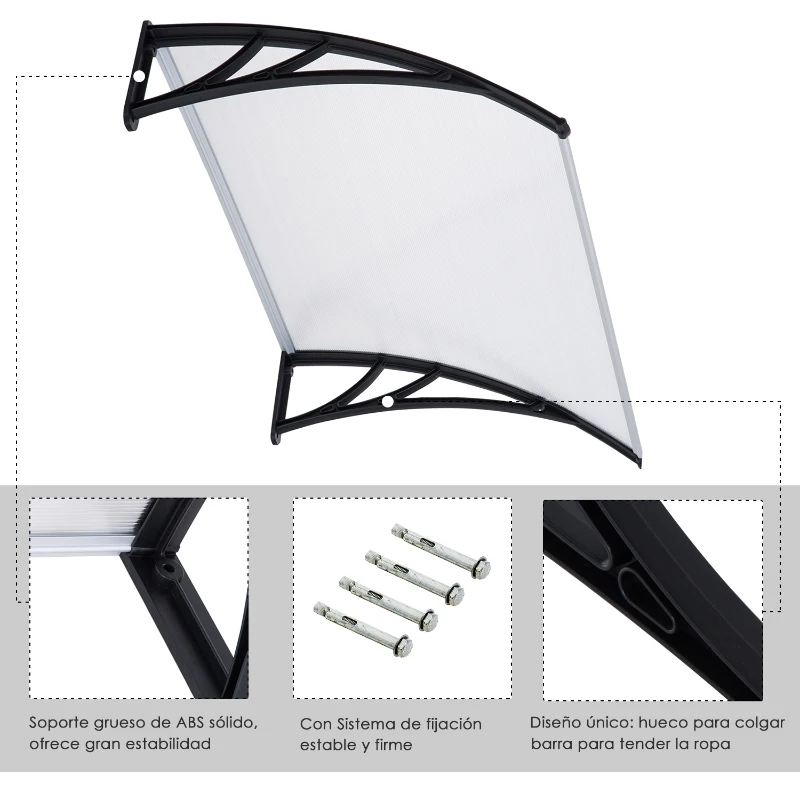 Outsunny Marquesina Techo Canopy para Puertas Ventanas Toldo Dosel Terrazas Placa de Policarbonato 5 mm Transparente Protección contra Sol y Lluvia 120cm