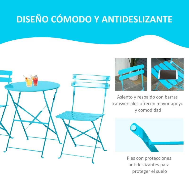 Outsunny Conjunto Muebles Plegables de Jardín de 3 piezas Mesa y 2 Sillas de Metal para Balcón Terraza Exteriores Ø60x71 cm Azul