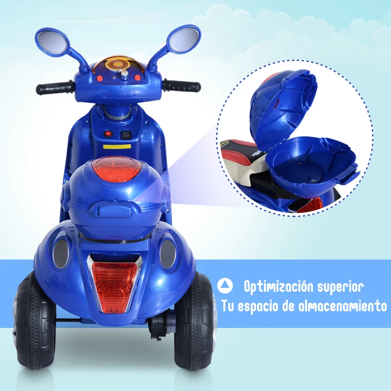 HOMCOM Coche Triciclo Moto Eléctrica Infantil Correpasillos a Batería Niños 3-8 años 6V Metal + PP 108x51x75cm Azul