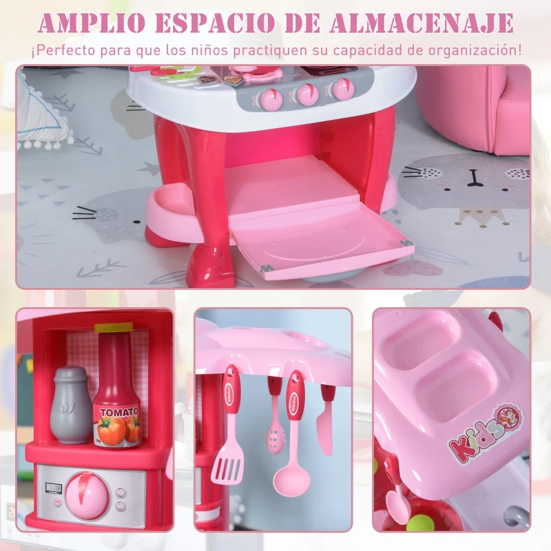 HOMCOM Cocinita de Juguete para Niños de +3 Años Juego de Cocina Infantil Incluye 38 Piezas con Efectos de Luz Sonidos Almacenaje 51x30x73 cm Rosa