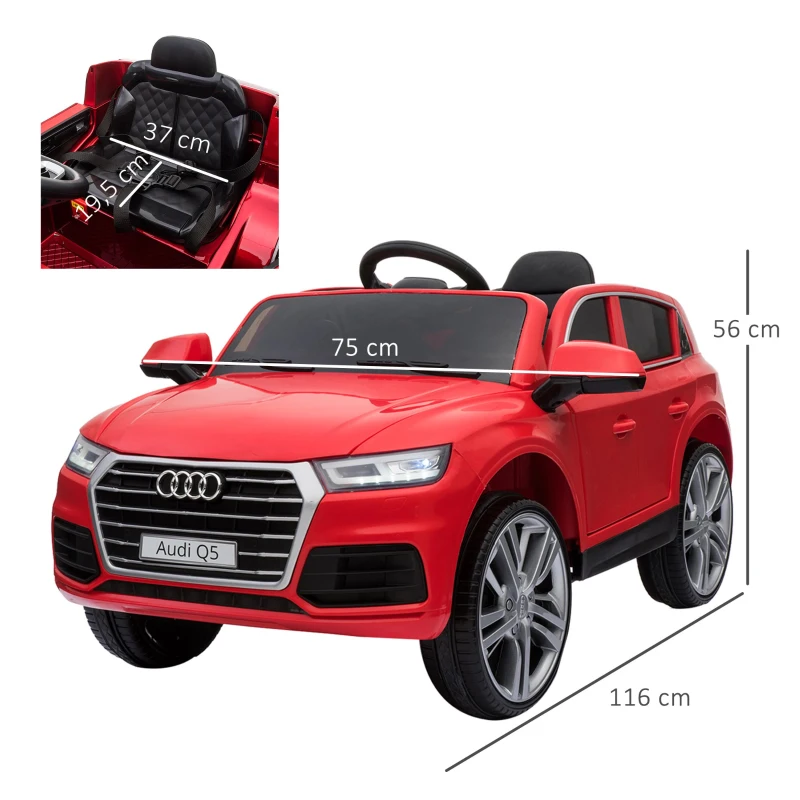 HOMCOM Coche Eléctrico para Niño +3 Años Audi Q5 con Mando a Distancia MP3 Luces y Sonidos Apertura de Puerta 116x75x56cm Carga 30kg Rojo