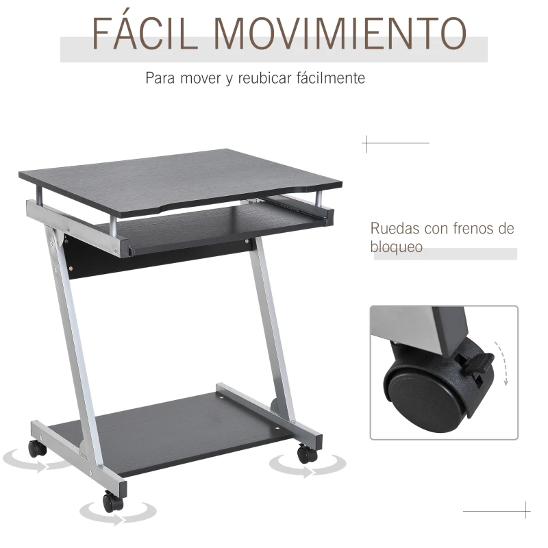 HOMCOM Mesa de Ordenador Escritorio de Computadora para Hogar Oficina en Forma Z Mesa Compacta con Ruedas  60x48x73cm Color Negro