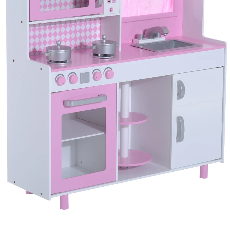 HOMCOM Cocina de Juguete Cocinita Infantil Madera Grande Juego de Imitación para Niños +3 Años con Accesorios Horno Microondas Fregadero 110x32.5x99.5cm Rosa