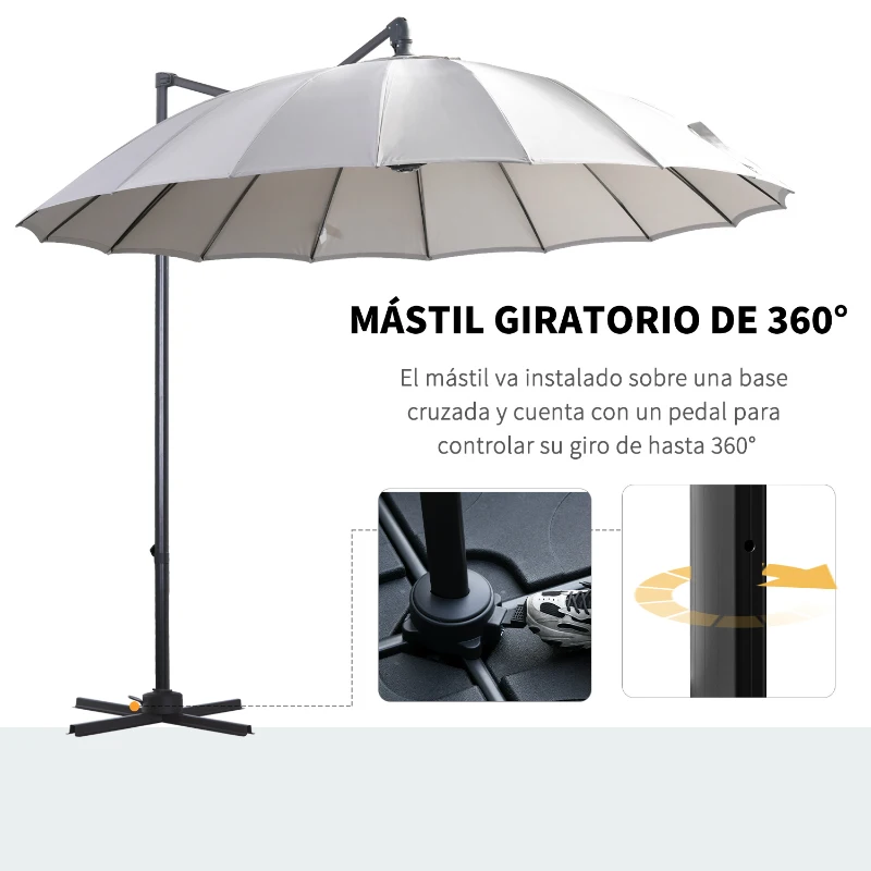 Outsunny Parasol Sombrilla de Jardín Ø300 cm de Diámetro con Manivela y Poste Giratorio 360° Techo Inclinable en 6 Posiciones Base Cruzada Incluida Gris