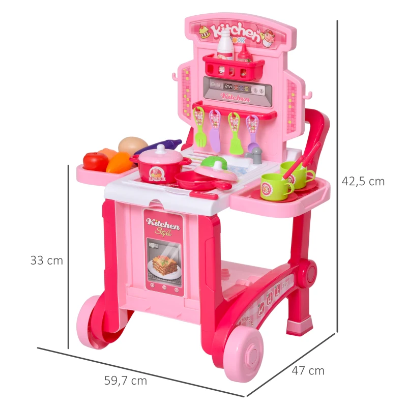 HOMCOM Juguete de Cocina Infantil Diseño 3 en 1 Cocina de Juego de Imitación Divertido para +3 Años con 42 Piezas 59,7x47x42,5 cm Rosa