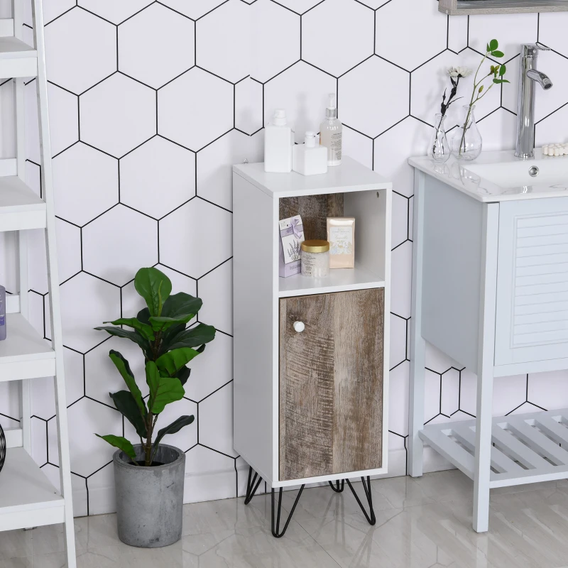 HOMCOM Armario de Suelo Armario para Baño de 1 Estante Abierto 1 Armario con Puerta Estante Ajustable Dentro Patas Metálicas 31,5x30x91,5 cm Blanco