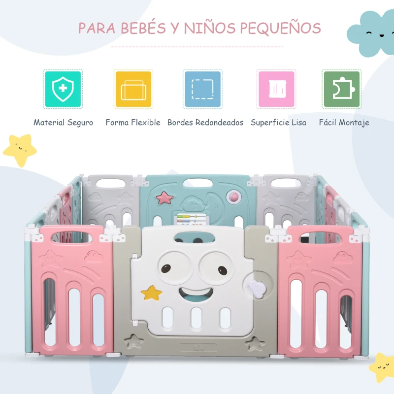 HOMCOM Parque Infantil Plegable 14 Paneles Centro de Actividades para Bebé de +6 Meses con Puerta Juguetes Divertidos Interior y Exterior 149x155x64 cm Multicolor