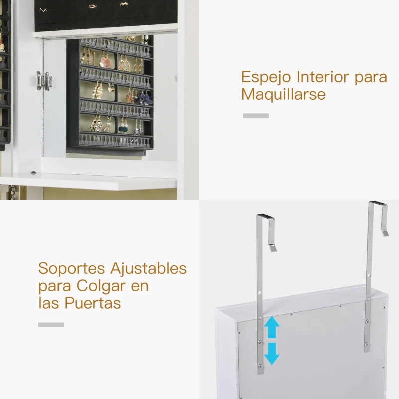 HOMCOM Armario Joyero con Espejo de Cuerpo Entero Gabinete para Joyería para Montar en la Pared o Colgar en la Puerta 35,5x100x9 cm Blanco