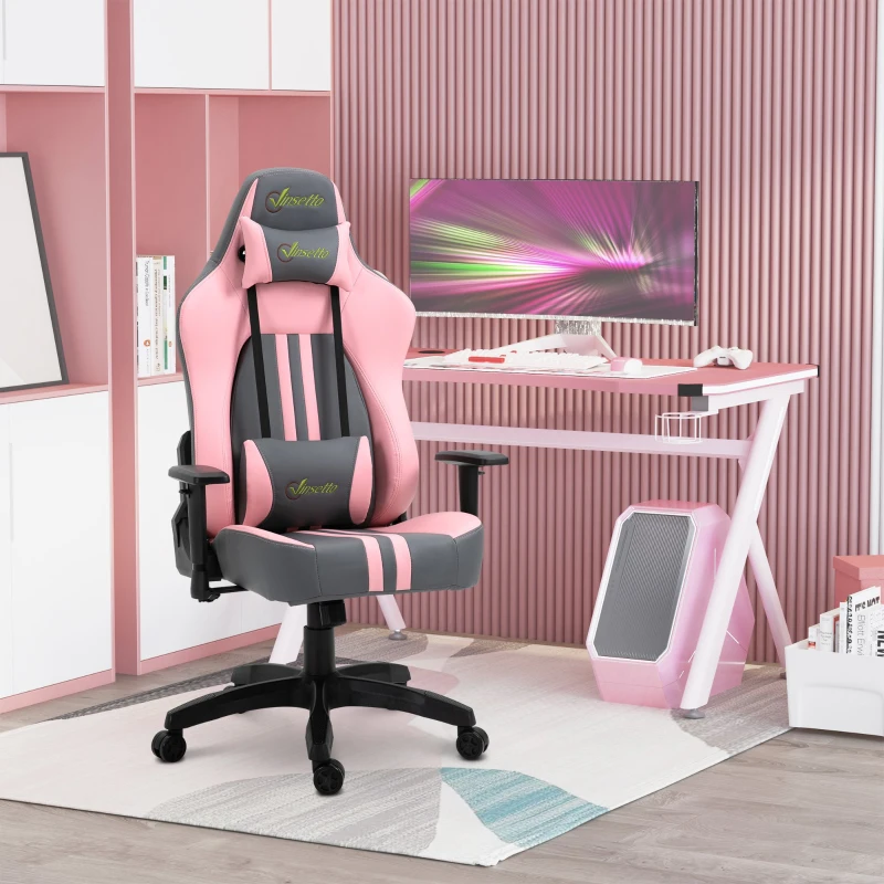 Vinsetto Silla Gaming Silla para Gamers Silla de Oficna Escritorio Ergonómico Reclinable Altura Ajustable con Almohadilla Ruedas Alta Comodidad 71x58x125-133 cm Rosa y Gris