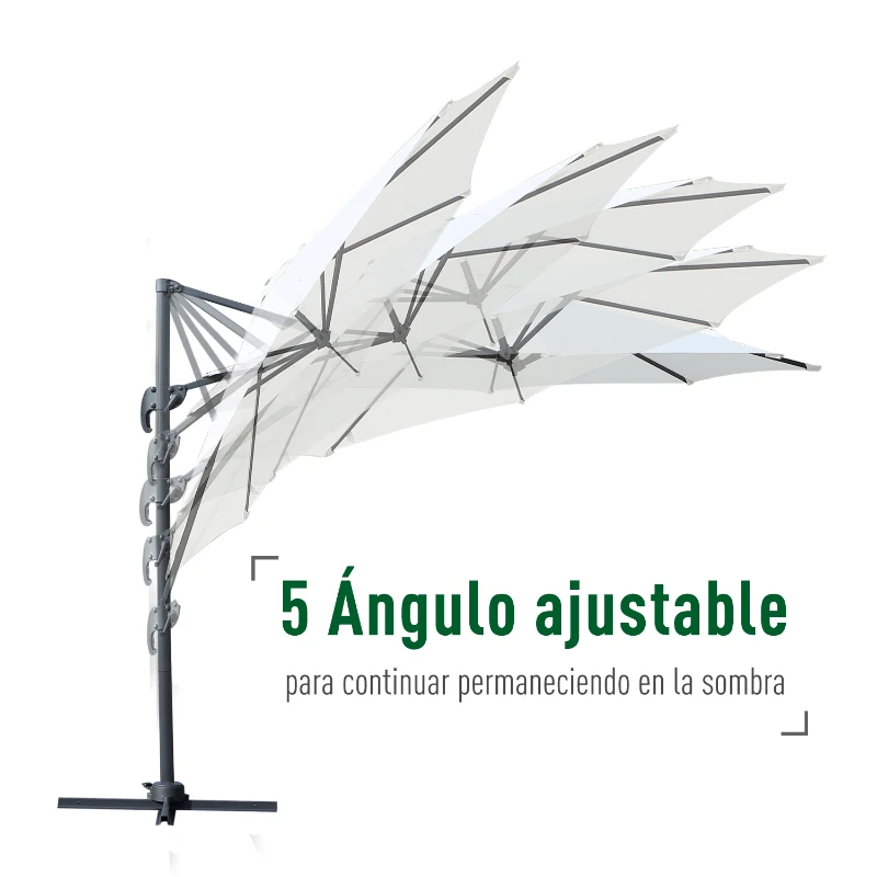 Outsunny Sombrilla de Aluminio Jardín Ø300x250 cm Parasol Excéntrico con Rotación 360° Inclinación de 6 Niveles con Manivela Ventilación y Base Cruzada para Patio Terraza Crema