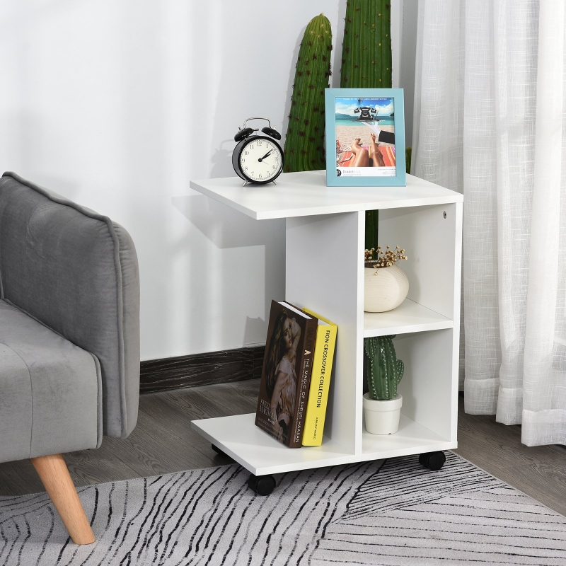 HOMCOM Mesa Auxiliar Multifuncional Mesa Lateral de Sofá en Forma de C con Estantes Abiertos y Ruedas con Bloqueo 45x35x58 cm Blanco