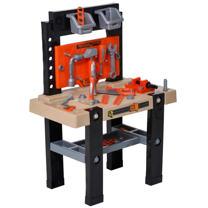 HOMCOM Banco de Herramientas para Niños de +3 Años Banco de Trabajo Infantil Incluye 64 Piezas con 2 Estantes Caja de Almacenaje 50x27x67,5 cm