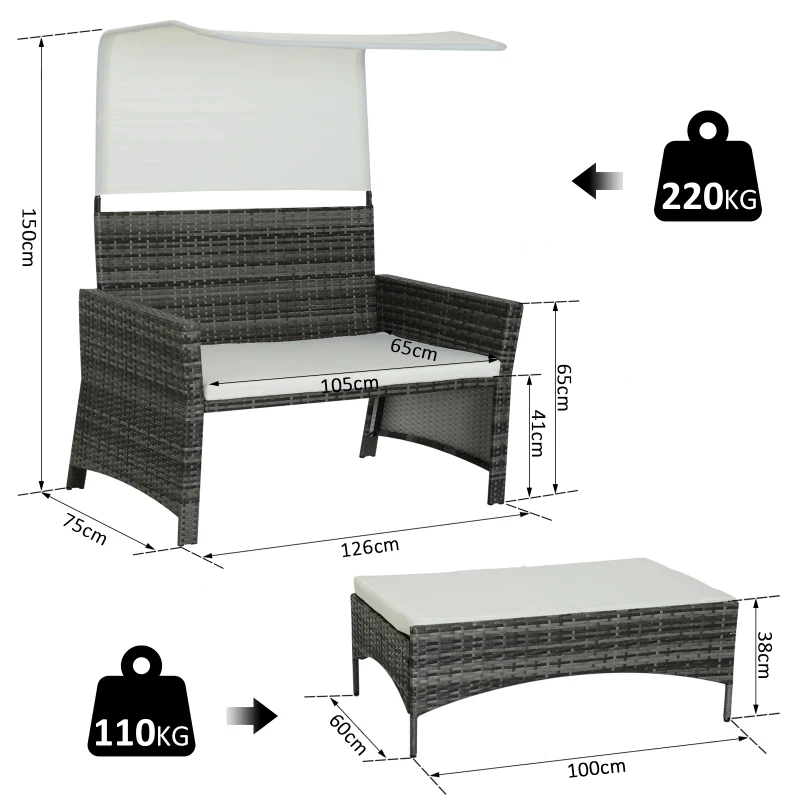 Sofá de Ratán Dos Plazas Sillón Mueble para Jardín Terraza con Reposapiés Extraíble Toldo Cojín Desmontable 126x75x150cm Gris