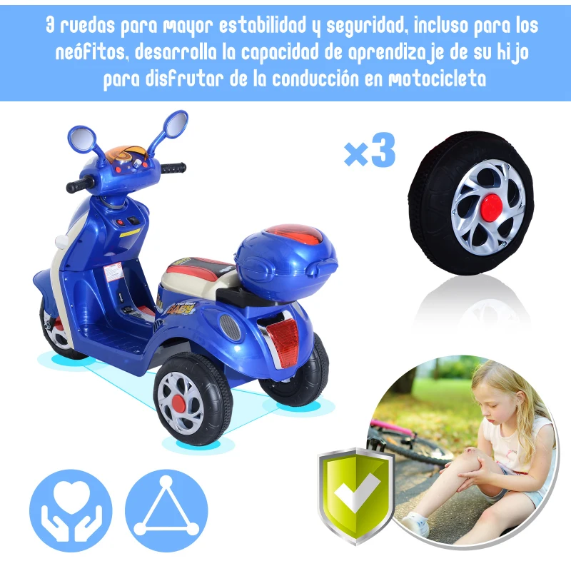 HOMCOM Coche Triciclo Moto Eléctrica Infantil Correpasillos a Batería Niños 3-8 años 6V Metal + PP 108x51x75cm Azul