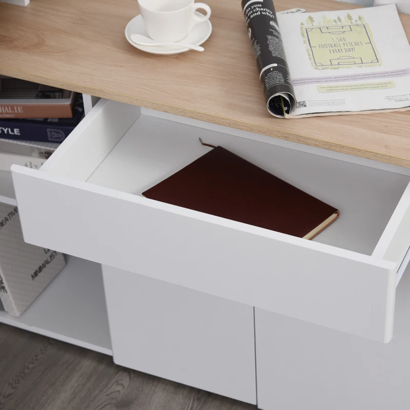 HOMCOM Mesa Escritorio Múltiples Posiciones Mesa de Ordenador Esquinera Forma de L con Cajón Estantes Abiertos Armario 140x117x76 cm Blanco y Madera