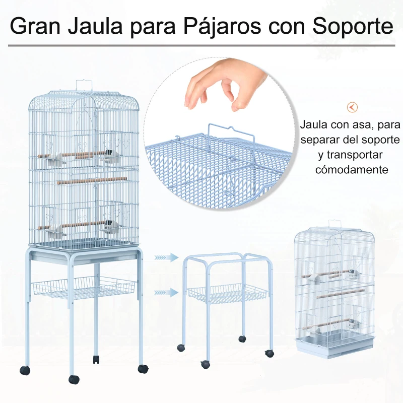 PawHut Jaula de Pájaros con 2 Puerta Jaulas para Aves con 4 Ruedas Universales Jaulas para Canarios Loros 47,5x37x153 cm Blanco