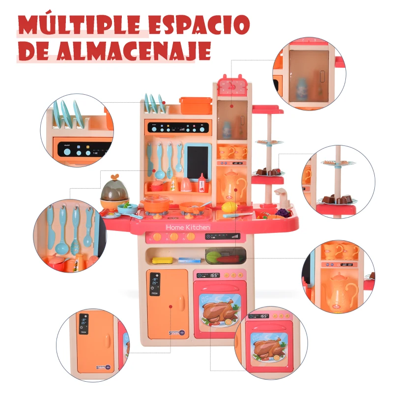 HOMCOM Cocinita para Niños con Luces Música Absoluta Funciones de Agua Cocina de Juguete Infantil 65 Piezas Alimentos Cubiertos +3 Años 71x28,5x93,5 cm Rosa