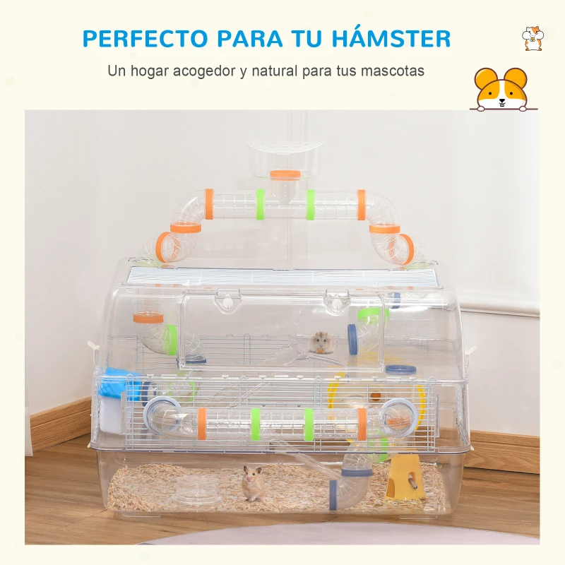 PawHut Jaula para Hámster Chalé para Roedores Pequeños de 3 Pisos con Escaleras Comedero Bebedero Rueda Tubos y Accesorios Incluidos 70x45x44 cm Transparente
