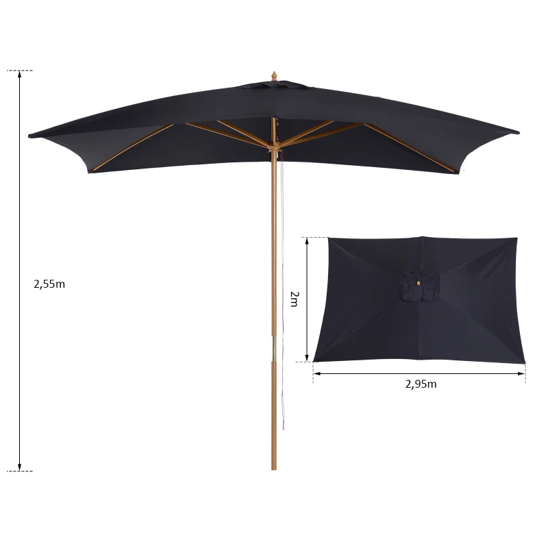 Outsunny Sombrilla Cuadrada tipo Parasol para Terraza Playa Jardín Piscina Patio Camping - Color Negro - Poliéster Madera - 200x300x245 cm