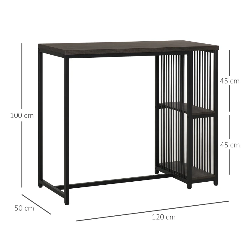 HOMCOM Mesa de Bar Bistro Mueble Auxiliar de Comedor Industrial con 2 Estantes y Dispositivo Antivuelco de Metal y Madera Carga 100 kg 120x50x100 cm Nogal