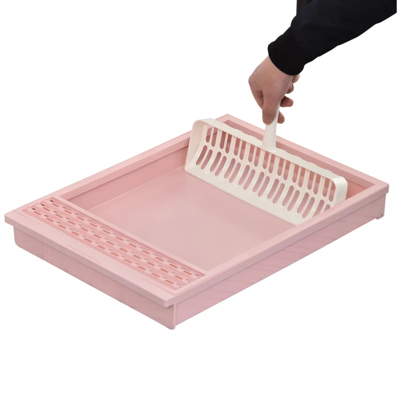 PawHut Caja de Arena para Gatos Plegable Arenero Portátil Aseo Quita Mal Olor con Manija Puerta Orificio de Ventilación Bandeja Material ABS 54x43x42 cm Blanco y Rosa