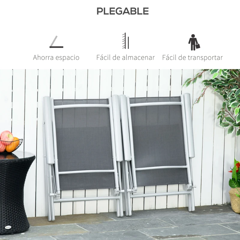 Outsunny Set de 2 Sillas de Comedor de Jardín Plegables de Aluminio con Respaldo Alto Ajustable de 8 Niveles y Reposabrazos Transpirable 65x55x107 cm Gris
