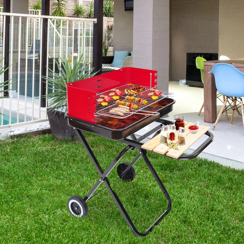 Outsunny Barbacoa de Carbón Plegable y Portátil con 2 Ruedas Parrilla con Altura Ajustable para Camping Picnic Playa 57x64x83 cm Rojo y Negro