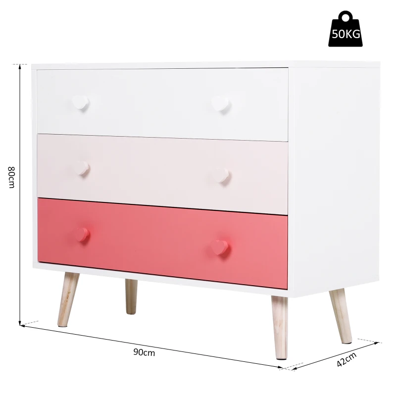 HOMCOM Cajonera Infantil con 3 Cajones Patas de Madera para Almacenamiento de Ropa o Juguetes de Niños Carga 50 kg 90x42x80 cm Rosa