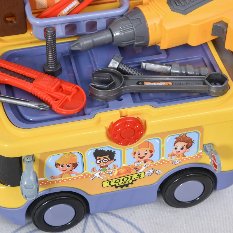 HOMCOM Maletín de Herramientas de Autobús para Niños de +3 Años Juego de Trabajo Diseño 3 en 1 con Control Remoto Efectos de Luz 40,2x22,8x28,8 cm
