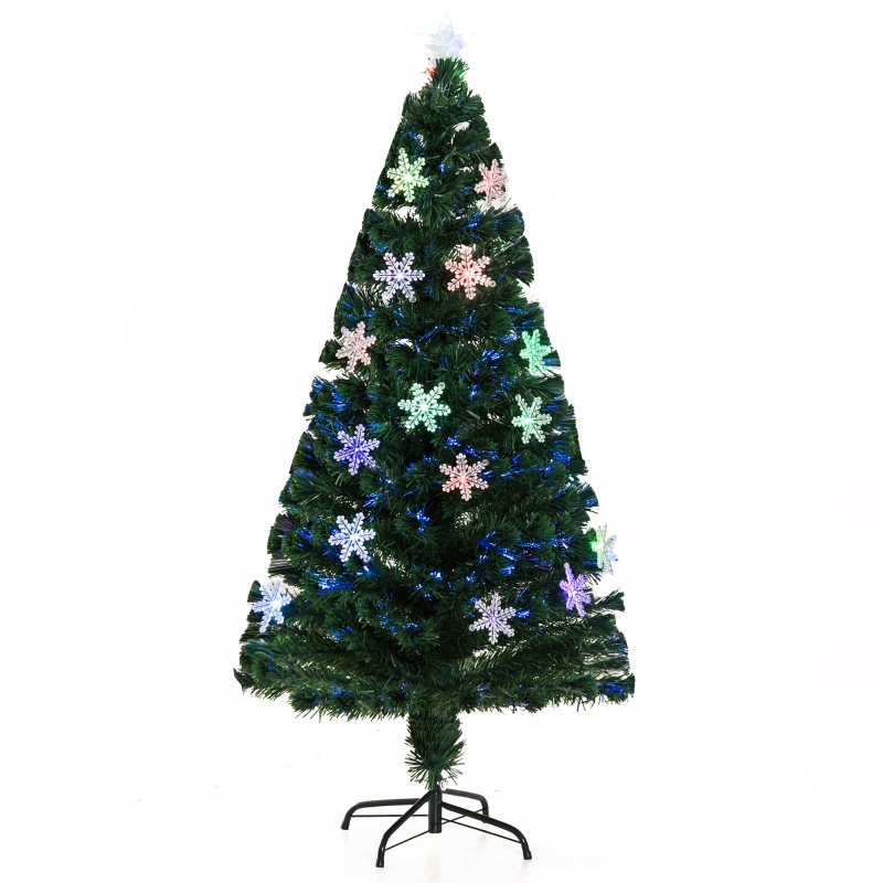 HOMCOM Árbol de Navidad Artificial Árboles de Abeto 150cm con Soporte Decoraciones Navideñas Copos de Nieve Fibra Óptica Brillante LED Multicolor Ignífugo