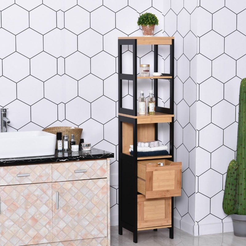 kleankin Mueble Auxiliar para Almacenaje de Baño Armario Alto para Baño con Estantes y Cajones 30x30x144.3 cm