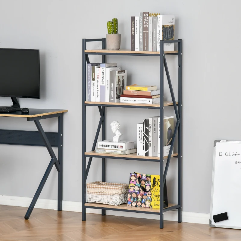 HOMCOM Estantería Librería de 4 Niveles Estante de Almacenaje de Estilo Industrial para Sala de Estar Oficina 64x30x130 cm Color Natural y Azul
