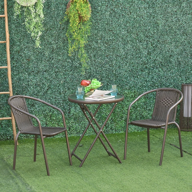 Outsunny Conjunto de Muebles de Jardín 3 Piezas Ratán Plegable Set de 2 Sillas 58x54x73 cm 1 Mesa Ø60x70 cm para Balcón Terraza Patio Marco Acero Marrón