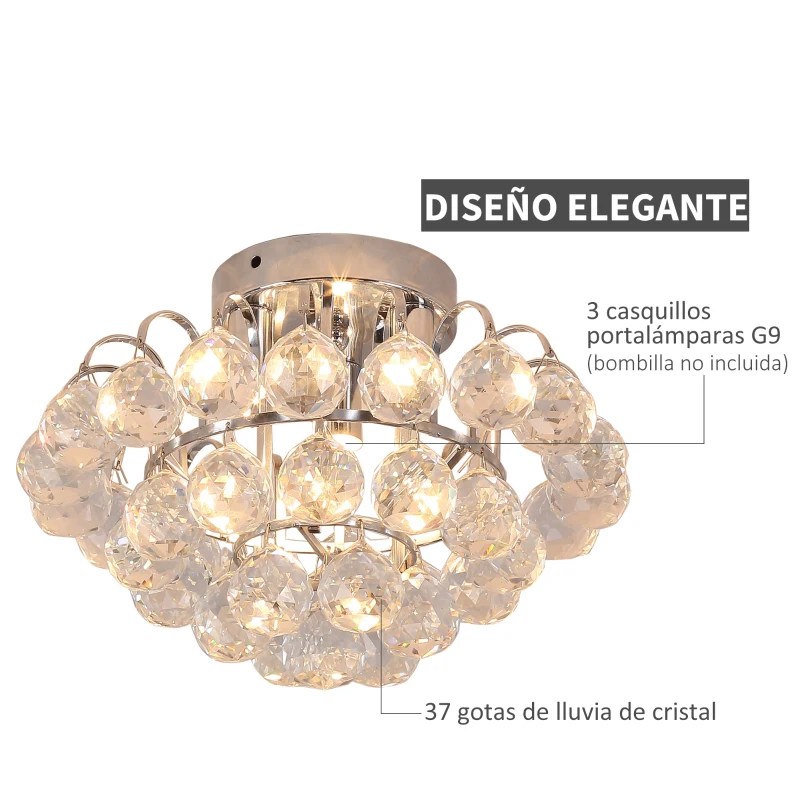 HOMCOM Lámpara de Techo de Cristal Moderna Lámpara de Araña Gotas de Lluvia para Bombillas G9 Máx. 25W para Dormitorio Sala de Estar Pasillo Ø30x20 cm Plateado