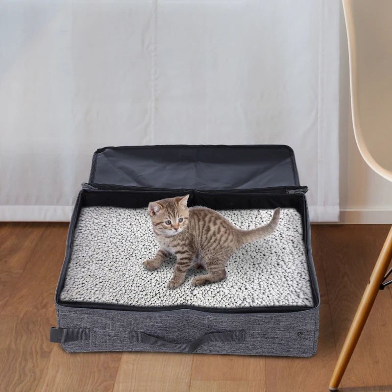 PawHut Arenero Plegable Portátil para Gatos Aseo Gatos con Asa y Cremallera 45x35x12 cm Gris Tela Oxford