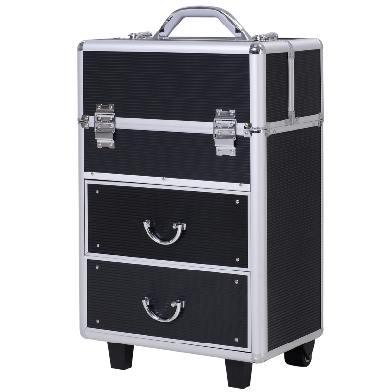 HOMCOM Maleta de Maquillaje Portátil Estuche de Comésticos Profesional con 6 Cajones Extensibles Cerradura y 2 Llaves Ruedas Asa Retráctil 36x23x58 cm Negro