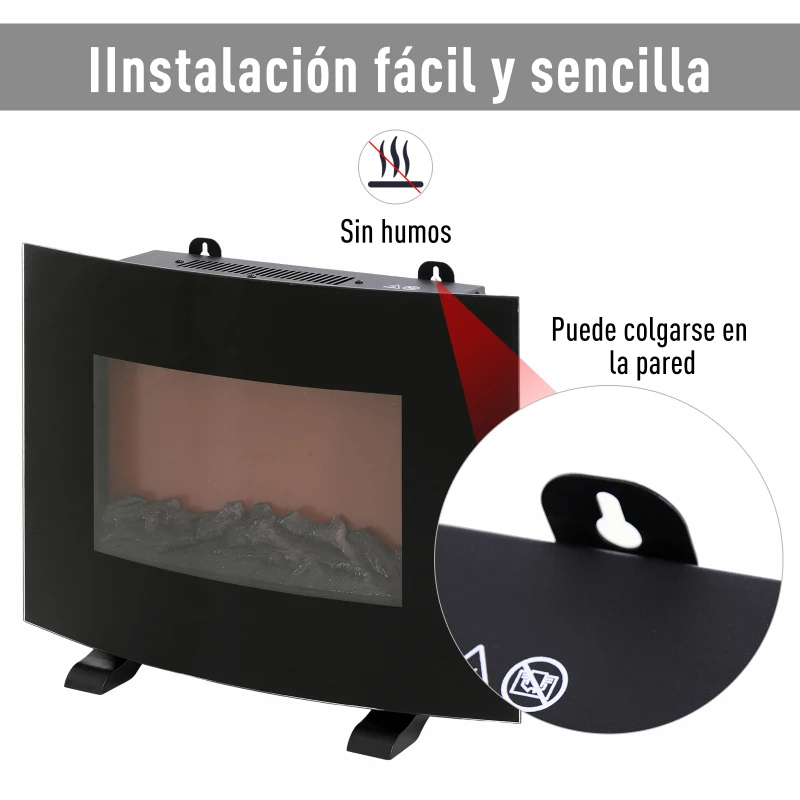 HOMCOM Chimenea Eléctrica de Pared 55x15.5x40cm Calefactor Estufa Eléctrica 750/1500W Temporizador Termostato Auto-Control Colores de Llama Ajustables Mando a Distancia