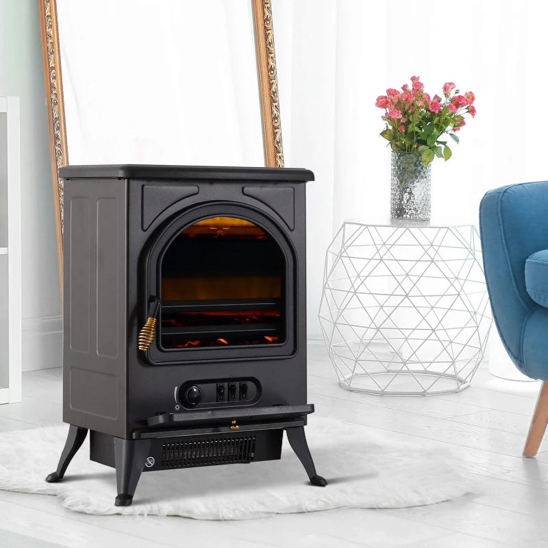 HOMCOM Chimenea Eléctrica Móvil Calefactor Estufa Eléctrica con Termostato 900W/1800W Efecto Fuego LED Temperatura Ajustable 41.5x28x54cm Acero