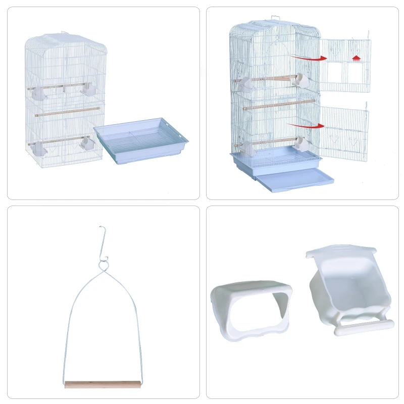 PawHut Jaula para Pájaros Pajarera con 2 Puertas 4 Comederos y 3 Perchas Columpio Asa de Transporte para Loro Canario Periquito Marco Metálico 47,5x36x91 cm Blanco