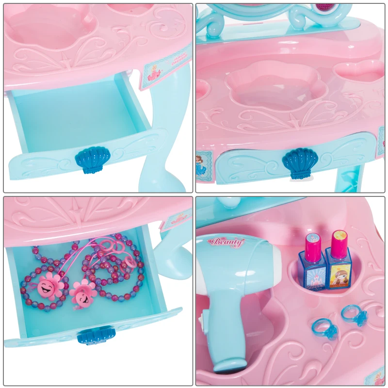 HOMCOM Tocador Infantil Princesa Mesita de Maquillaje con Luz y Sonido Secador de Pelo Accesorios Includios Cajón Extraíble 43.5x31.5x72.5cm