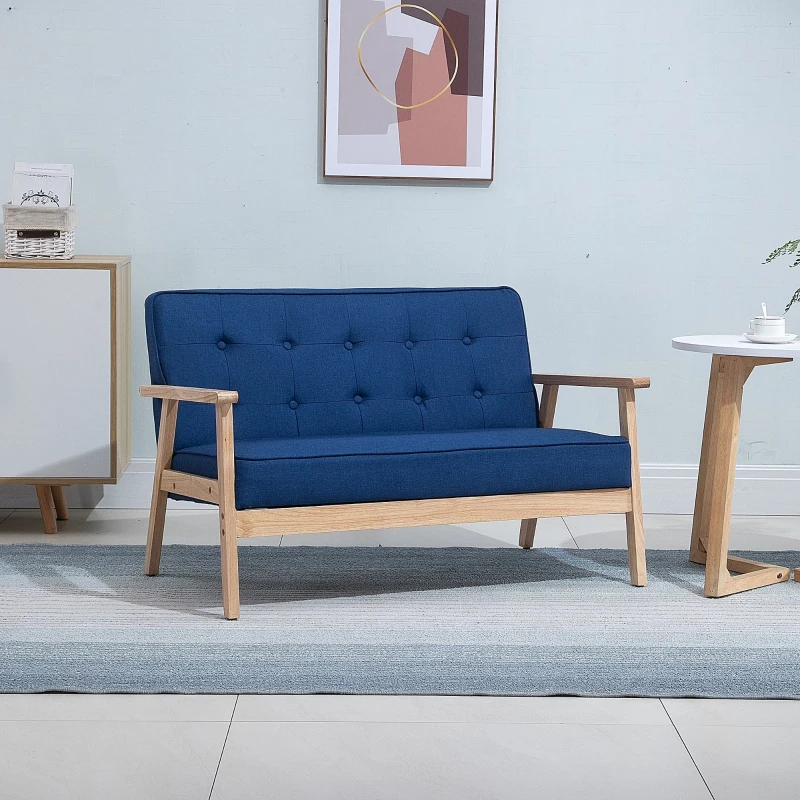 HOMCOM Sofá de 2 Plazas con Respaldo y Cojines Acolchados Patas de Madera Antideslizantes Botones con Mechones Salón Dormitorio Oficina 114x66x69 cm Azul