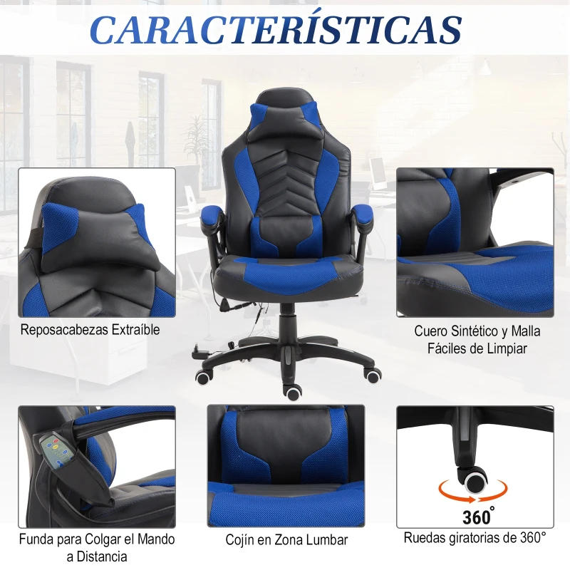 HomCom® Silla de Oficina Gaming con 6 Puntos de Masaje y Calefacción 2 Almohadas con Mando a Distancia 68x69x108-117cm Negro y Azul