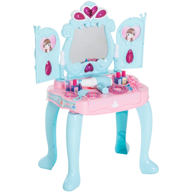 HOMCOM 2 EN 1 Tocador Niña Infantil Juguete Piano con 14 Accesorios Espejo con Remoto Control Efecto Luz y Sonido
