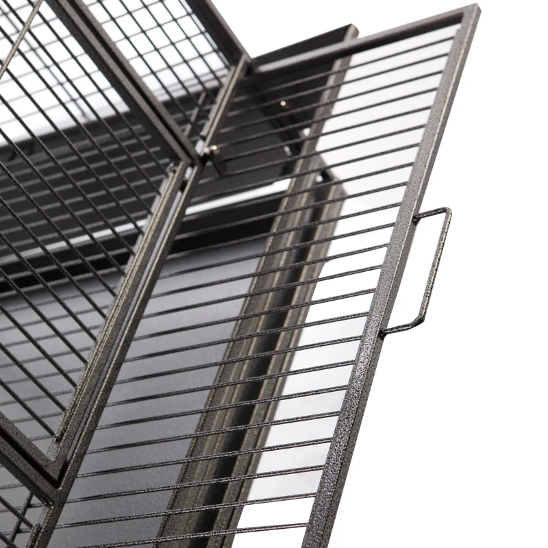 PawHut Jaula de Pájaros Pajarera Metálica para Aves con 2 Puertas Perchas y Rejilla Deslizable Bandeja Extraíble 4 Ruedas 75x69x159 cm Gris Oscuro