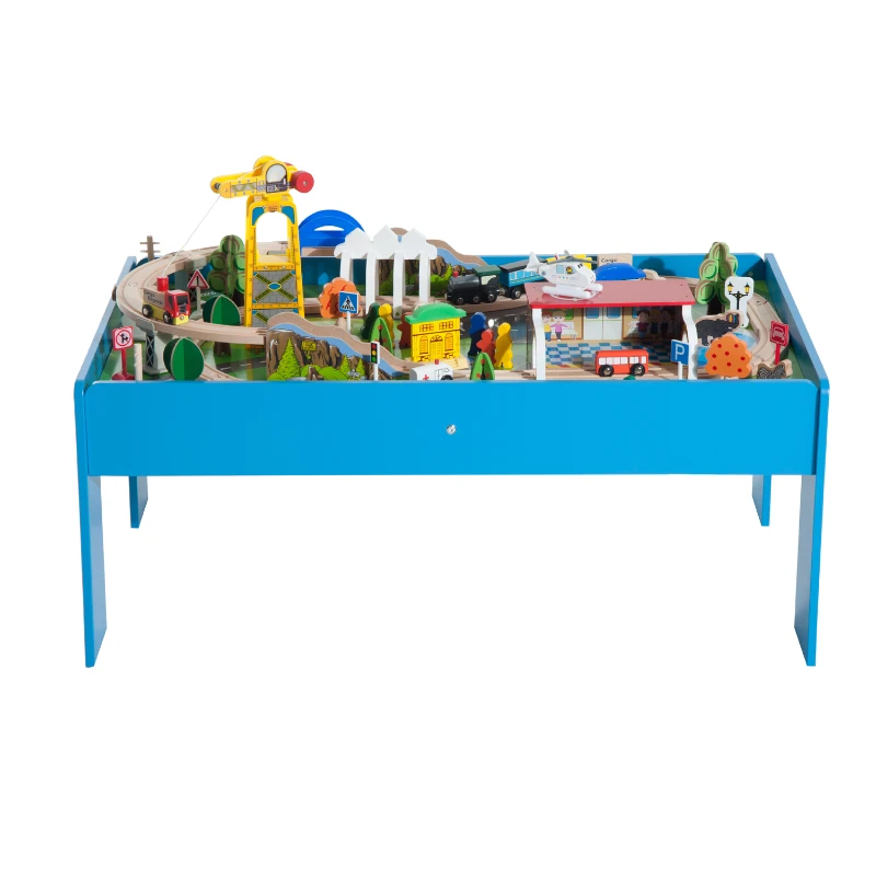 HOMCOM Set Completo de 82 Piezas Juego de Tren con Circuito de Vía + Mesa de Madera para Niños Juguete Educativo Infantil para Actividad Interior con Certificación EN71-1-2-3
