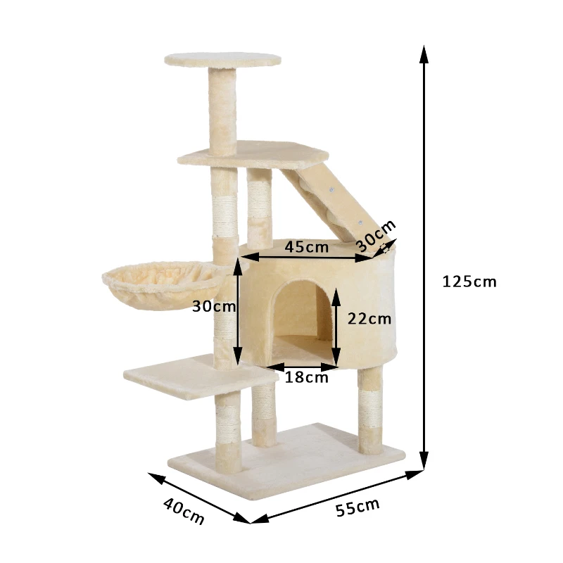PawHut® Rascador Árbol para Gatos Poste Centro 55x40x125cm Arañar Dormir Jugar Felpa Beige
