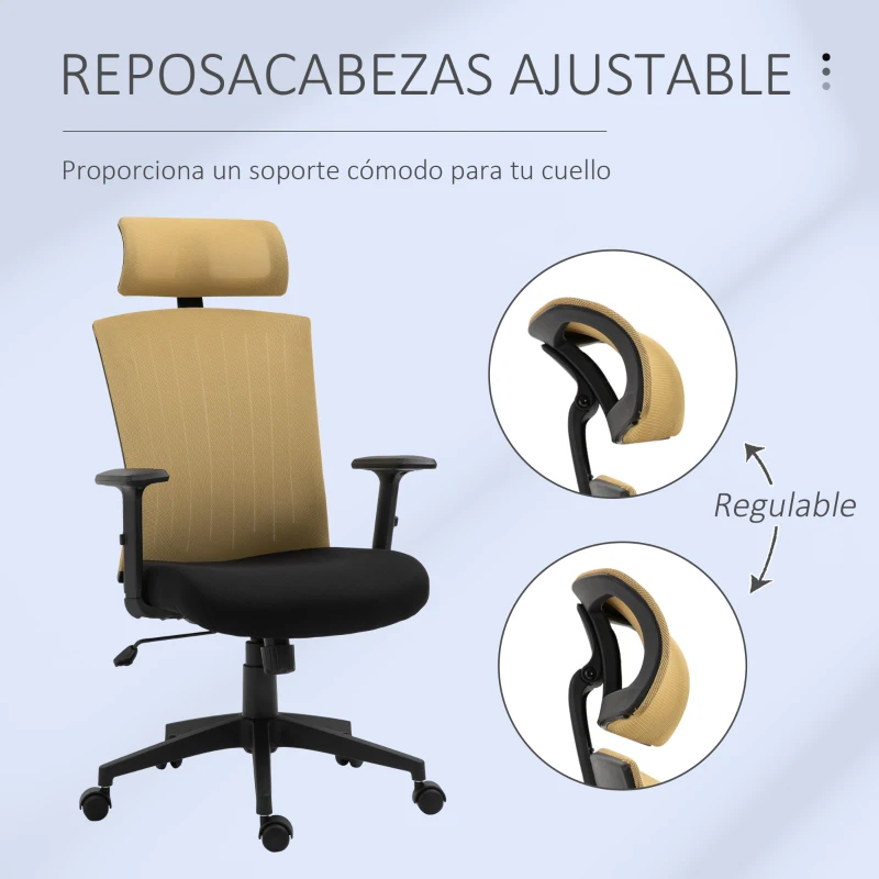 Vinsetto Silla de Oficina Ergonómica Silla de Escritorio Giratoria con Reposacabezas y Reposabrazos Ajustables Soporte Lumbar Respaldo Transpirable 65x63x119-129 cm Dorado y Negro