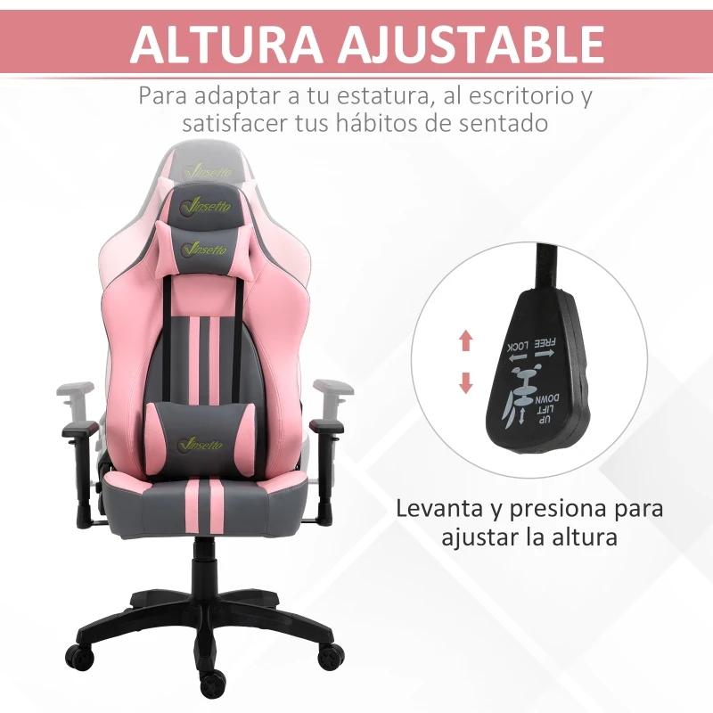 Vinsetto Silla Gaming Silla para Gamers Silla de Oficna Escritorio Ergonómico Reclinable Altura Ajustable con Almohadilla Ruedas Alta Comodidad 71x58x125-133 cm Rosa y Gris