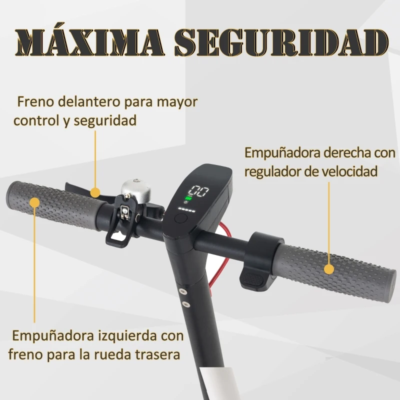 HOMCOM Patinete Eléctrico para Adultos y Adolescentes Scooter Eléctrico Plegable con Ruedas de Caucho Macizo Faro Luz de Freno Carga 120 kg 104x44x116 cm Negro